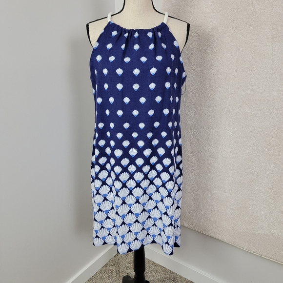 London‎ Times Navy/White Tropical Ombré Shell Print Linen Blend Mini Dress Sz 8 - Picture 2 of 10